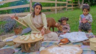 Village Life in Azerbaijan, Cooking Ancient Bread Keta with Lentils in Sadj