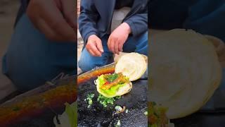 Chinese burger Grandpa and grandson cooperate in making food